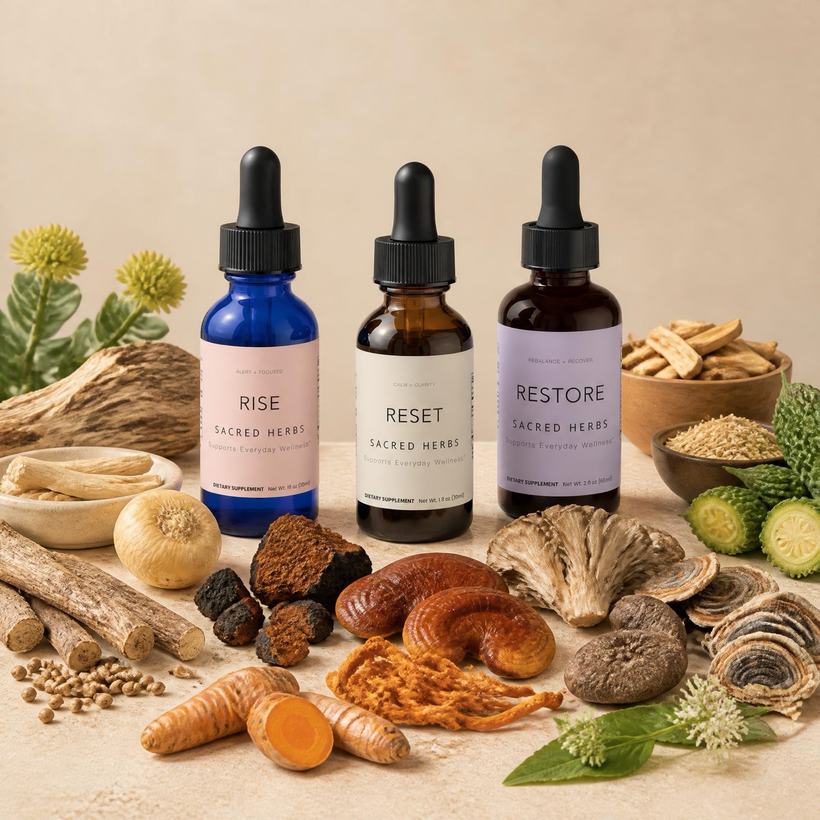 Sacred Herbs RISE, RESET, and RESTORE full system